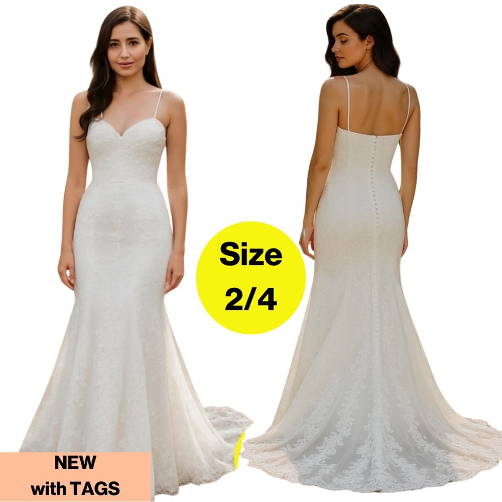 NEW w TAGS 🏷️ Wedding Dress: Spaghetti Straps, Fitted, Lace Train (Size 2/4)